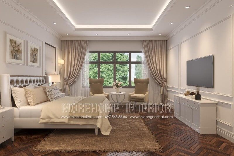 Nội thất phòng ngủ hiện đại được kết hợp với chất liệu gỗ công nghiệp phun sơn trắng bệt cao cấp giúp tạo nên một không gian thanh thoát và sang trọng hơn.