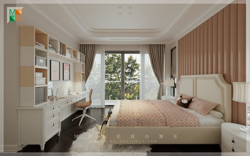 Không gian được làm nổi bật bởi một nệm ốp tường đầu giường bọc da màu hồng nhạt.
